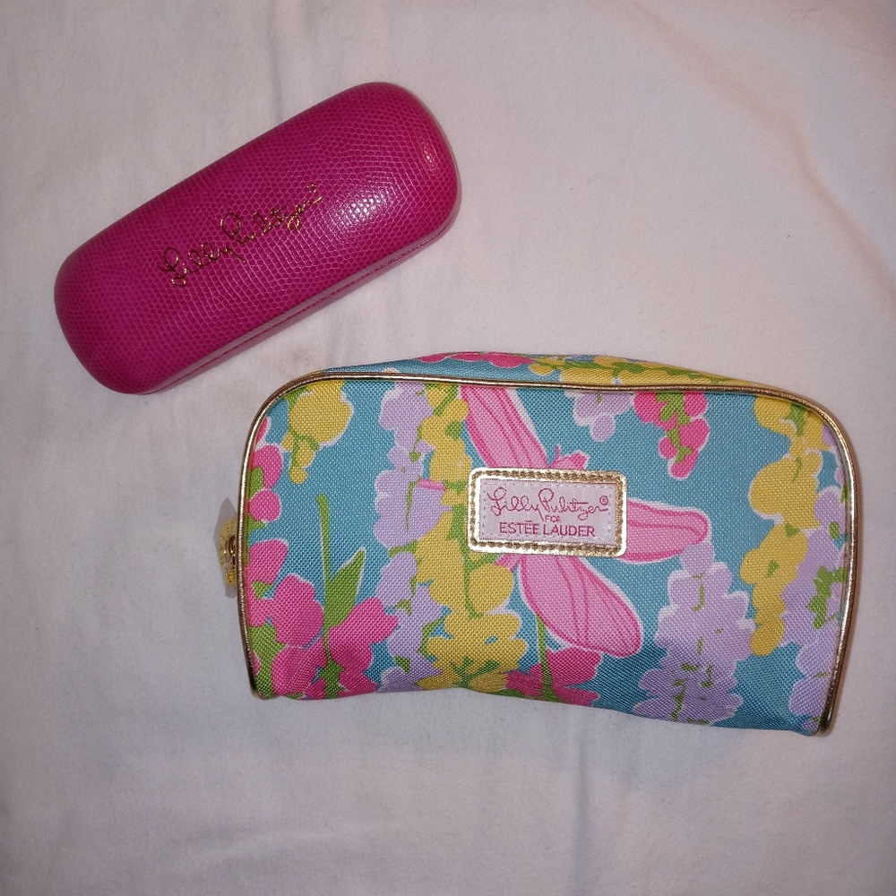 🆕Lilly Pulitzer BUNDLE Eyeglass Case & Floral Estee Lauder Makeup Toiletry Bag